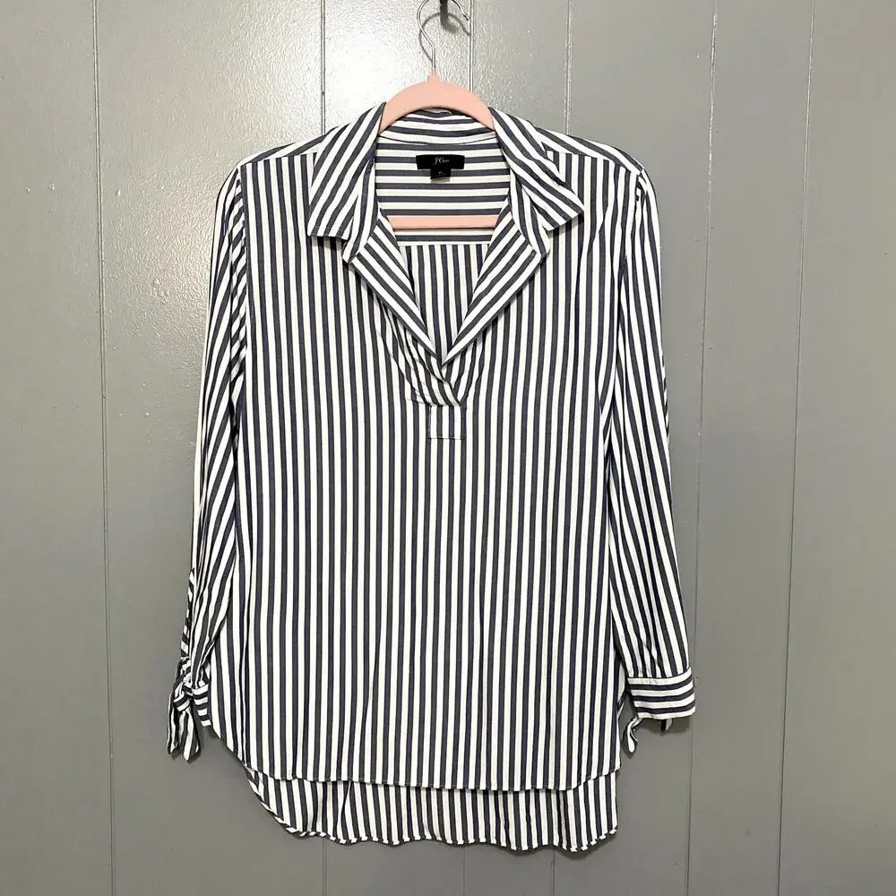 J. Crew Blue White Striped Collared Tie Sleeve Classic Preppy Popover Shirt M - Picture 2 of 7